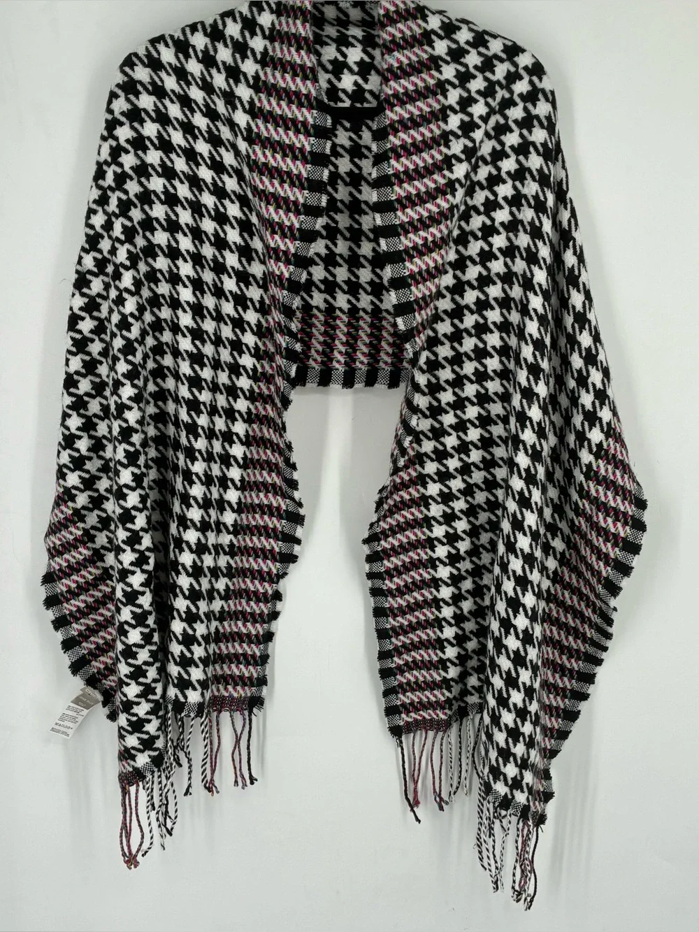 Chicos Houndstooth Fringe Shawl Scarf Cover Black White Colorful Lagenlook